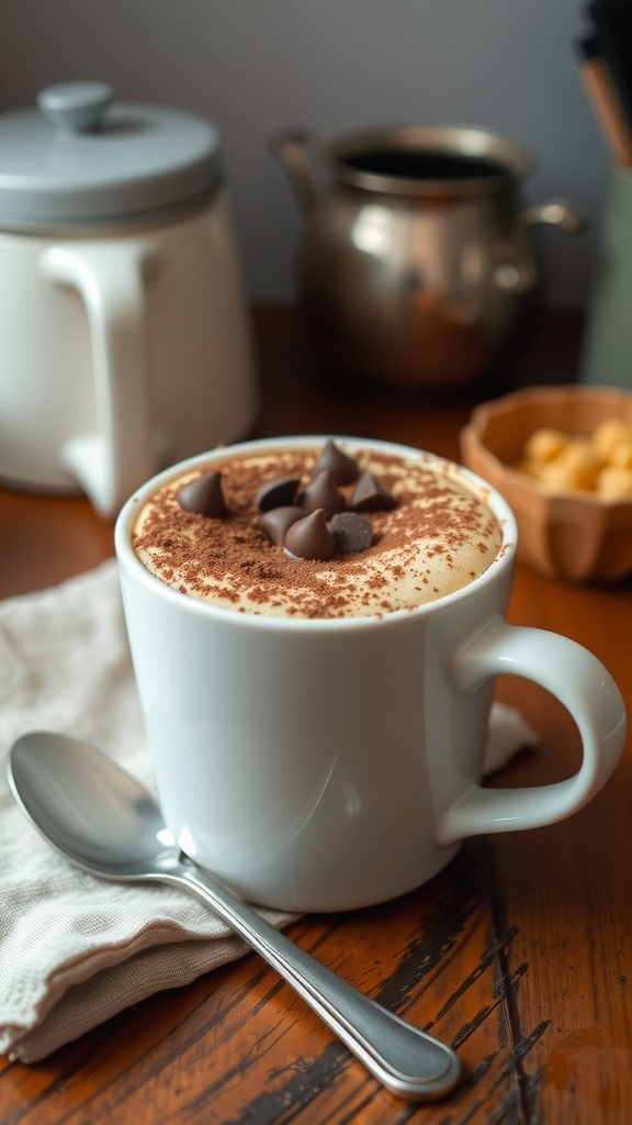 A vegan mug cake in a white mug, topped with chocolate chips, on a wooden table with a spoon.
